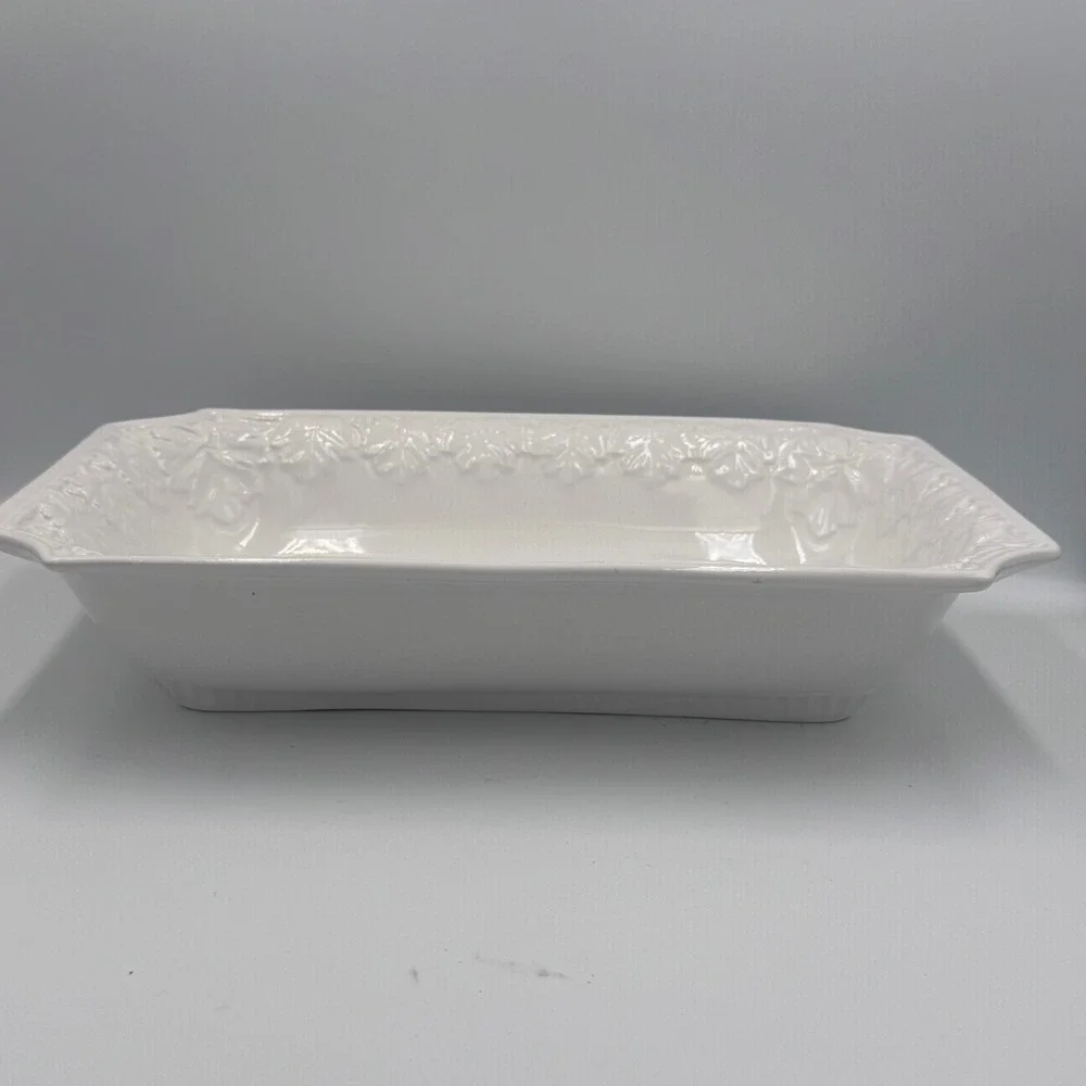 White Ceramic Rectangular Serving Dish Grape Leaf Border‎ 14 Inch Italy
